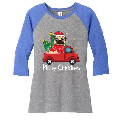 Pug Christmas Truck Tree Mom Dad Dog Funny Xmas Gift Women's Tri-Blend 3/4-Sleeve Raglan Shirt