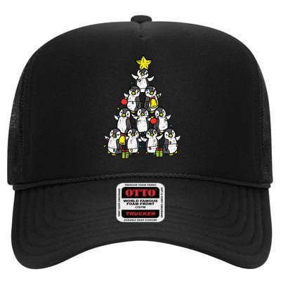 Penguin Christmas Tree Cute Xmas High Crown Mesh Back Trucker Hat