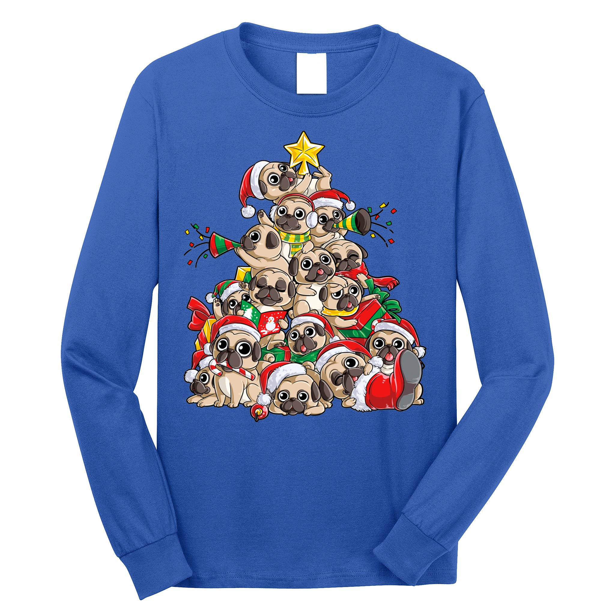 Pug Christmas Tree Dog Santa Xmas Boys Girls Merry Dogmas Gift Long Sleeve Shirt