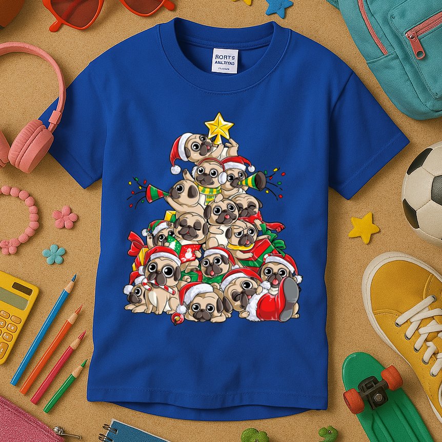 Pug Christmas Tree Dog Santa Xmas Boys Girls Merry Dogmas Gift Kids T-Shirt