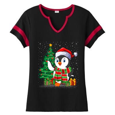 Penguin Christmas Tree Lights Santa Penguin Xmas Cute Gift Ladies Halftime Notch Neck Tee