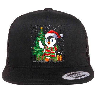 Penguin Christmas Tree Lights Santa Penguin Xmas Cute Gift Flat Bill Trucker Hat