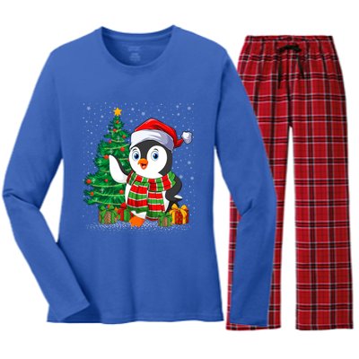 Penguin Christmas Tree Lights Santa Penguin Xmas Cute Gift Women's Long Sleeve Flannel Pajama Set 