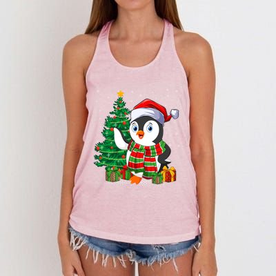 Penguin Christmas Tree Lights Santa Penguin Xmas Cute Gift Women's Knotted Racerback Tank