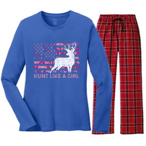 Pink Camo Usa Flag Patriotic Deer Hunting Hunt Like A Gift Women's Long Sleeve Flannel Pajama Set 