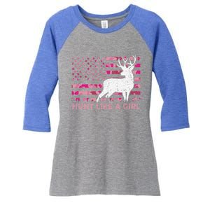 Pink Camo Usa Flag Patriotic Deer Hunting Hunt Like A Gift Women's Tri-Blend 3/4-Sleeve Raglan Shirt