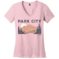 Park City Utah Faded Mountain Forest Hiking Women's V-Neck T-Shirt