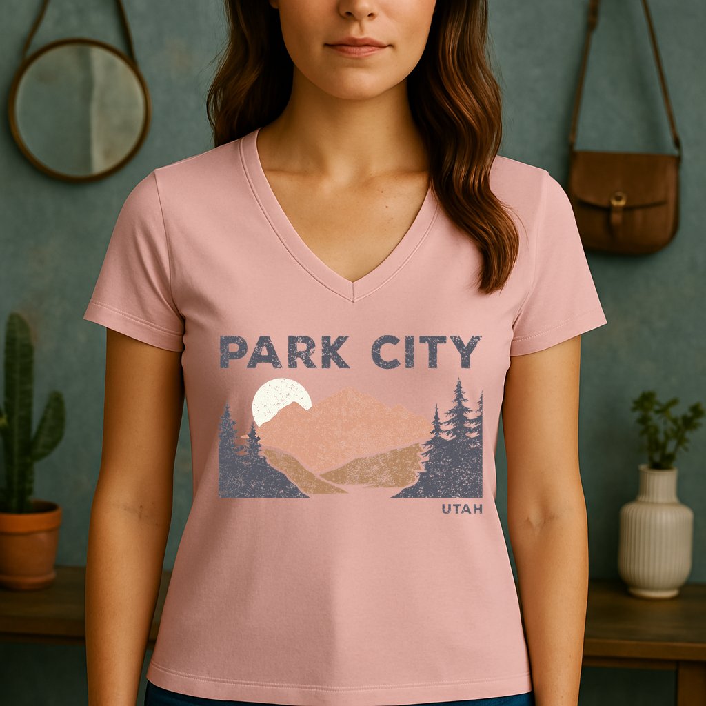 Park City Utah Faded Mountain Forest Hiking Women's V-Neck T-Shirt
