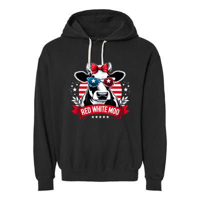 Patriotic Cow Usa Flag 4th Of July Red And White And Moo Garment-Dyed Fleece Hoodie