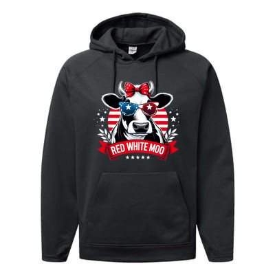 Patriotic Cow Usa Flag 4th Of July Red And White And Moo Performance Fleece Hoodie