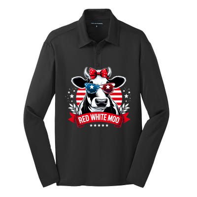 Patriotic Cow Usa Flag 4th Of July Red And White And Moo Silk Touch Performance Long Sleeve Polo