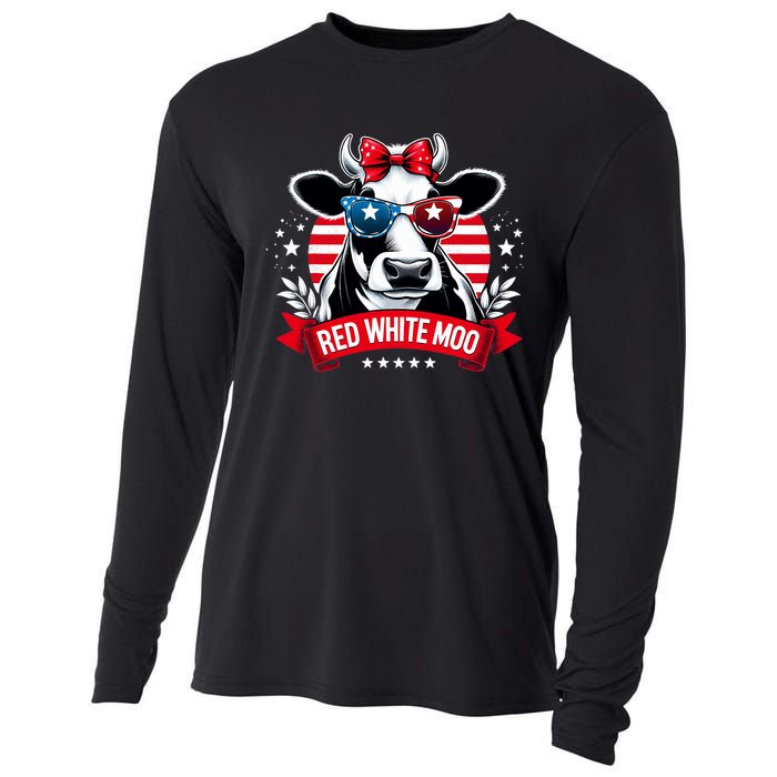 Patriotic Cow Usa Flag 4th Of July Red And White And Moo Cooling Performance Long Sleeve Crew