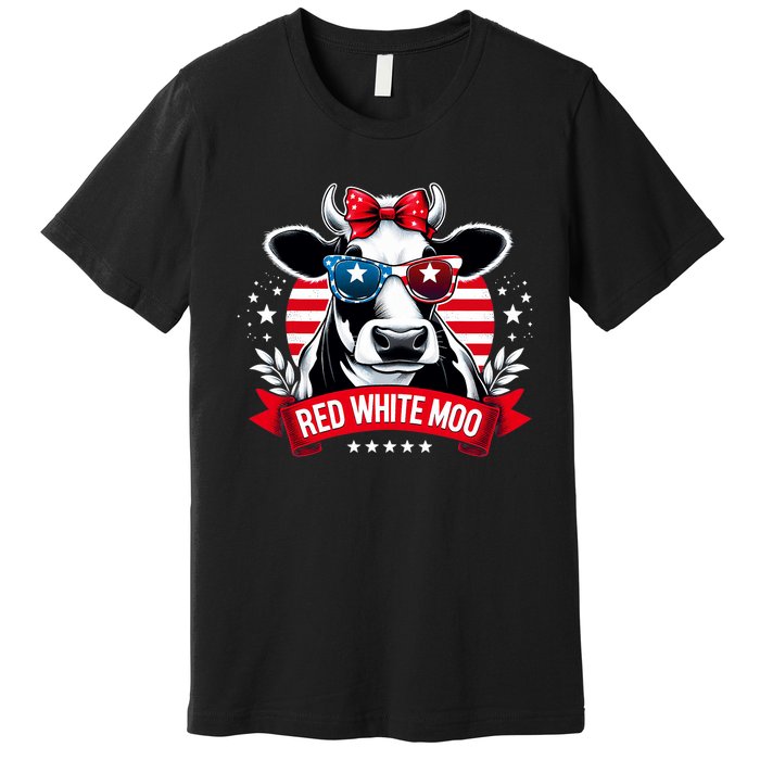 Patriotic Cow Usa Flag 4th Of July Red And White And Moo Premium T-Shirt