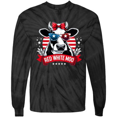 Patriotic Cow Usa Flag 4th Of July Red And White And Moo Tie-Dye Long Sleeve Shirt