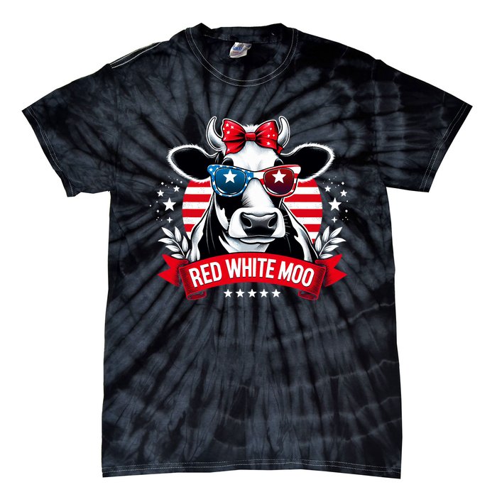 Patriotic Cow Usa Flag 4th Of July Red And White And Moo Tie-Dye T-Shirt