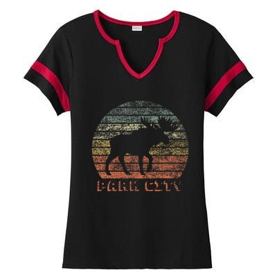 Park City Utah Moose Retro Sunset Nature Travel Ladies Halftime Notch Neck Tee