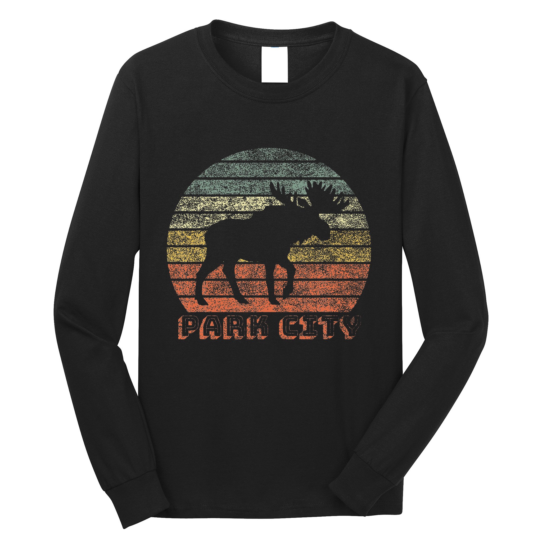 Park City Utah Moose Retro Sunset Nature Travel Long Sleeve Shirt