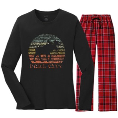 Park City Utah Moose Retro Sunset Nature Travel Women's Long Sleeve Flannel Pajama Set 