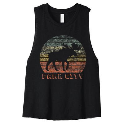 Park City Utah Moose Retro Sunset Nature Travel Women's Racerback Cropped Tank