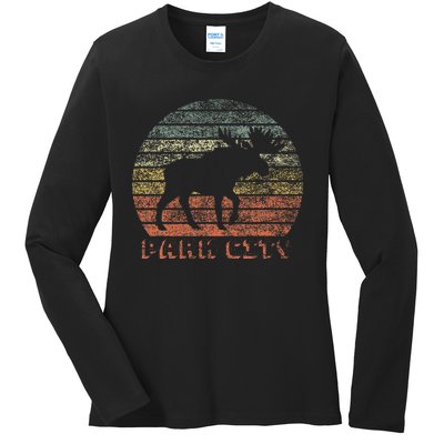 Park City Utah Moose Retro Sunset Nature Travel Ladies Long Sleeve Shirt