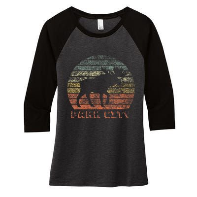 Park City Utah Moose Retro Sunset Nature Travel Women's Tri-Blend 3/4-Sleeve Raglan Shirt