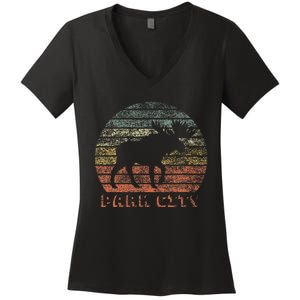 Park City Utah Moose Retro Sunset Nature Travel Women's V-Neck T-Shirt