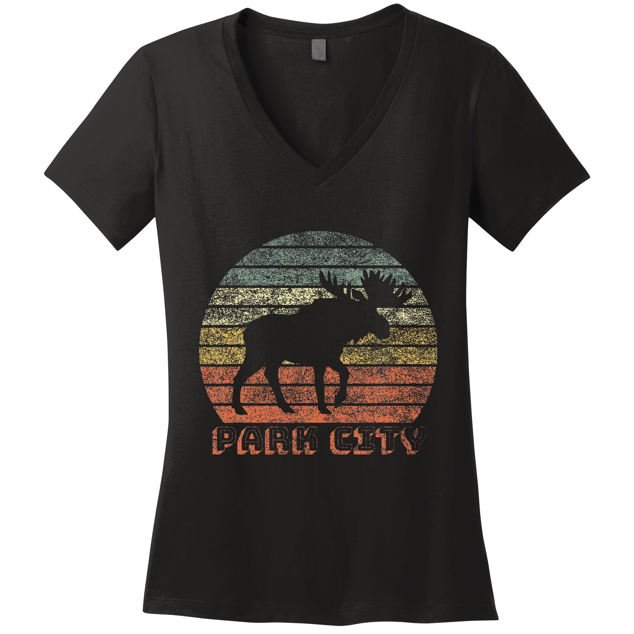 Park City Utah Moose Retro Sunset Nature Travel Women's V-Neck T-Shirt