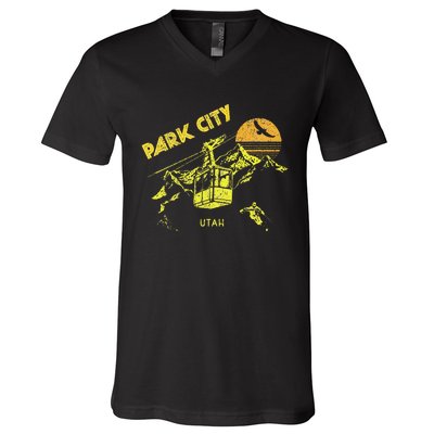 Park City Utah Distressed Retro Skiing V-Neck T-Shirt