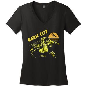 Park City Utah Distressed Retro Skiing Women's V-Neck T-Shirt