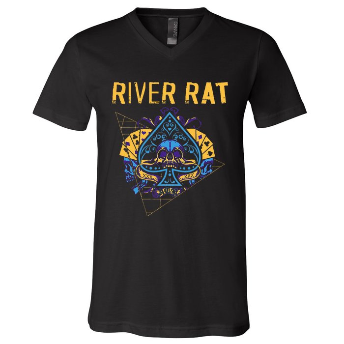 Poker Cards Vintage Spade River Rat V-Neck T-Shirt