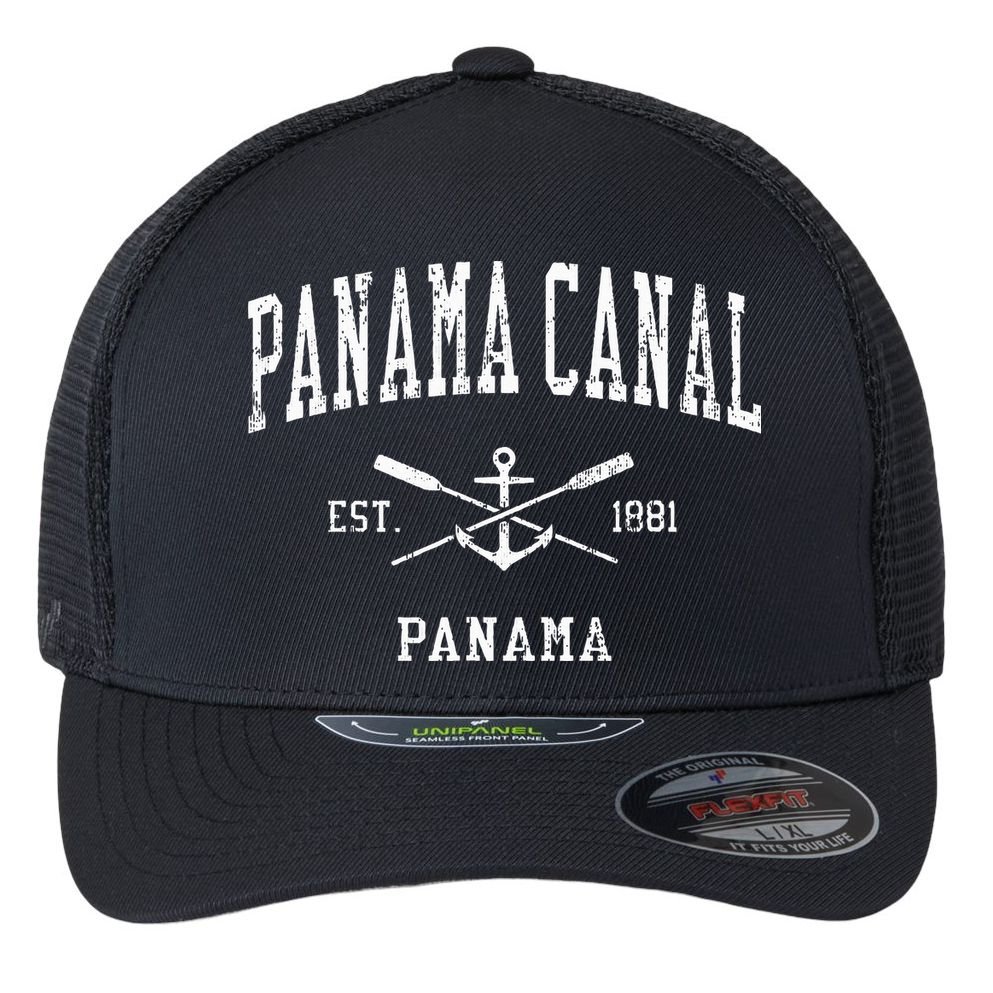 Panama Canal Vintage Crossed Oars & Boat Anchor Sports Flexfit Unipanel Trucker Cap