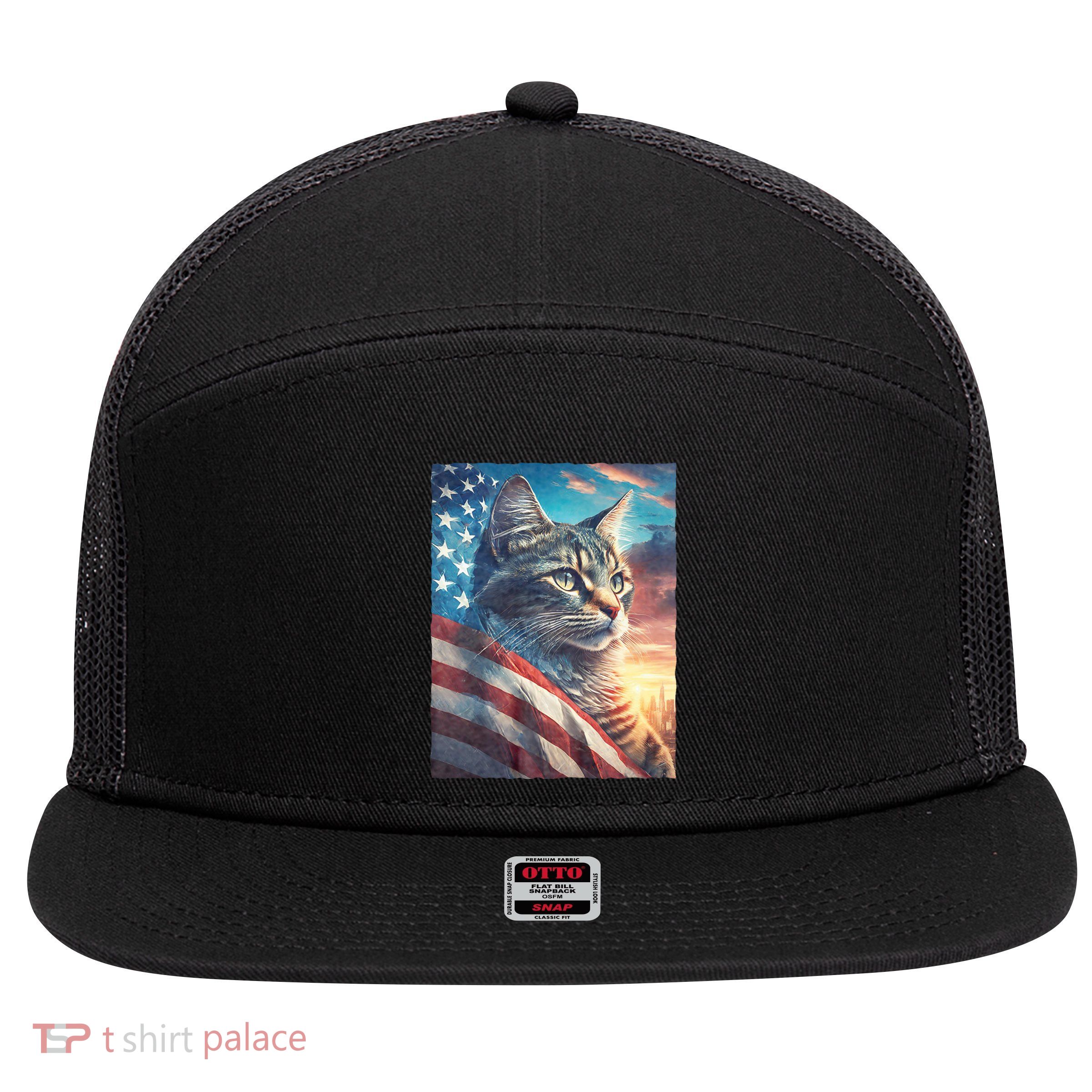 Patriotic Cat With Us Flag 4th Of July 7 Panel Mesh Trucker Snapback Hat