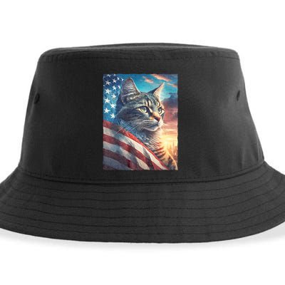 Patriotic Cat With Us Flag 4th Of July Sustainable Bucket Hat