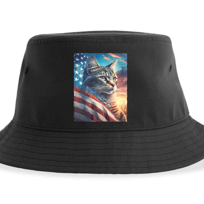 Patriotic Cat With Us Flag 4th Of July Sustainable Bucket Hat