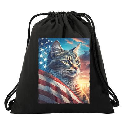 Patriotic Cat With Us Flag 4th Of July Drawstring Bag