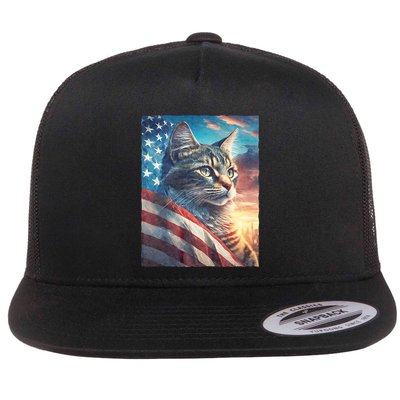Patriotic Cat With Us Flag 4th Of July Flatbill Hat