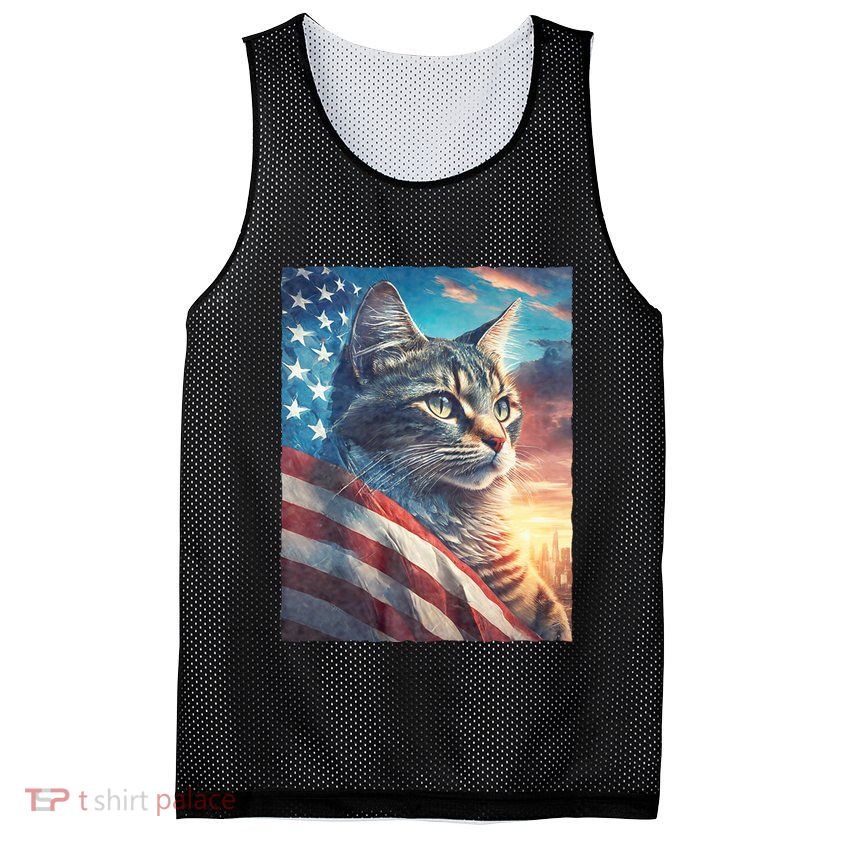 Patriotic Cat With Us Flag 4th Of July Mesh Reversible Basketball Jersey Tank