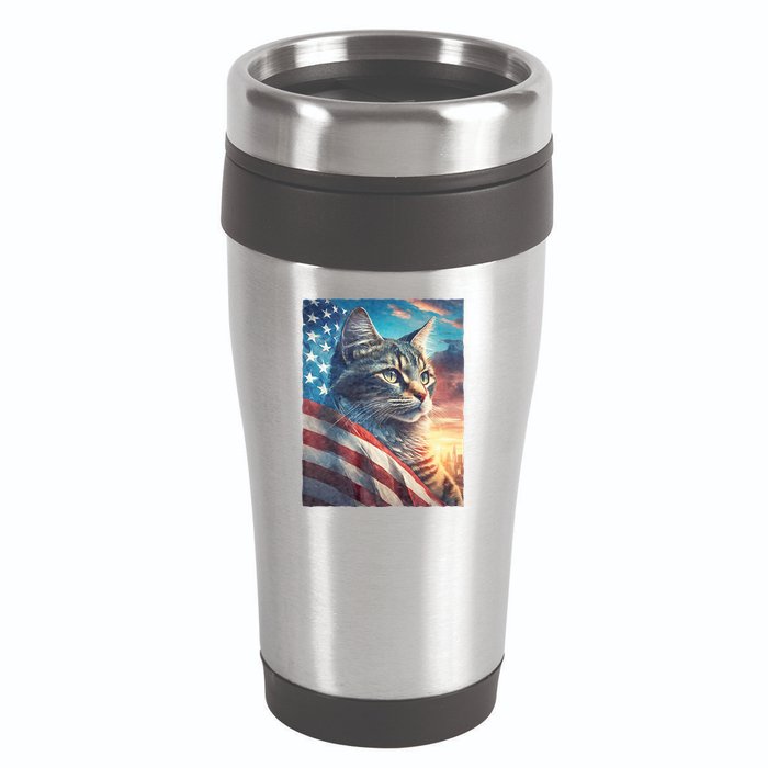 Patriotic Cat With Us Flag 4th Of July 16oz Travel Tumbler