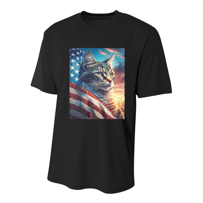 Patriotic Cat With Us Flag 4th Of July Youth Performance Sprint T-Shirt