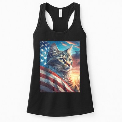 Patriotic Cat With Us Flag 4th Of July Womens Tank Top