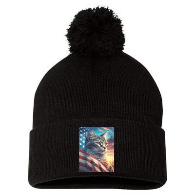 Patriotic Cat With Us Flag 4th Of July Pom Pom 12in Knit Beanie