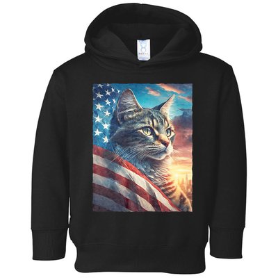 Patriotic Cat With Us Flag 4th Of July Toddler Hoodie