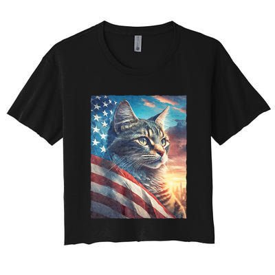 Patriotic Cat With Us Flag 4th Of July Crop Top