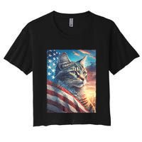 Patriotic Cat With Us Flag 4th Of July Crop Top