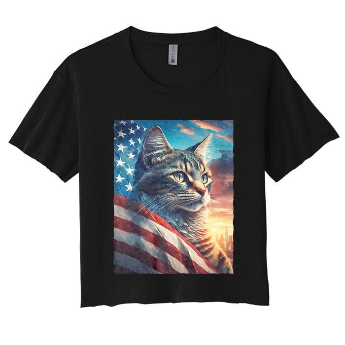 Patriotic Cat With Us Flag 4th Of July Crop Top