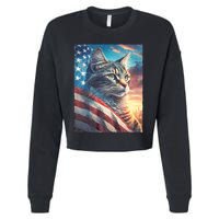 Patriotic Cat With Us Flag 4th Of July Cropped Pullover Crew