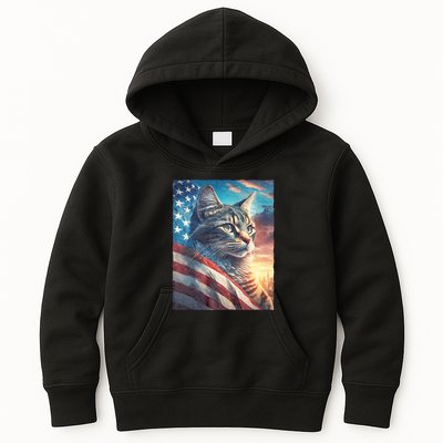 Patriotic Cat With Us Flag 4th Of July Kids Hoodie