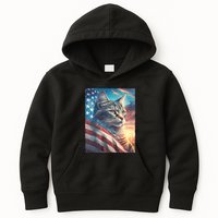 Patriotic Cat With Us Flag 4th Of July Kids Hoodie