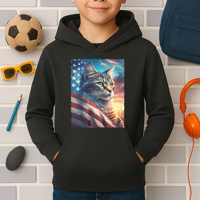 Patriotic Cat With Us Flag 4th Of July Kids Hoodie