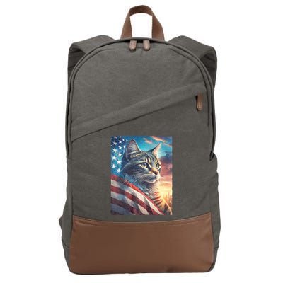 Patriotic Cat With Us Flag 4th Of July Cotton Canvas Backpack
